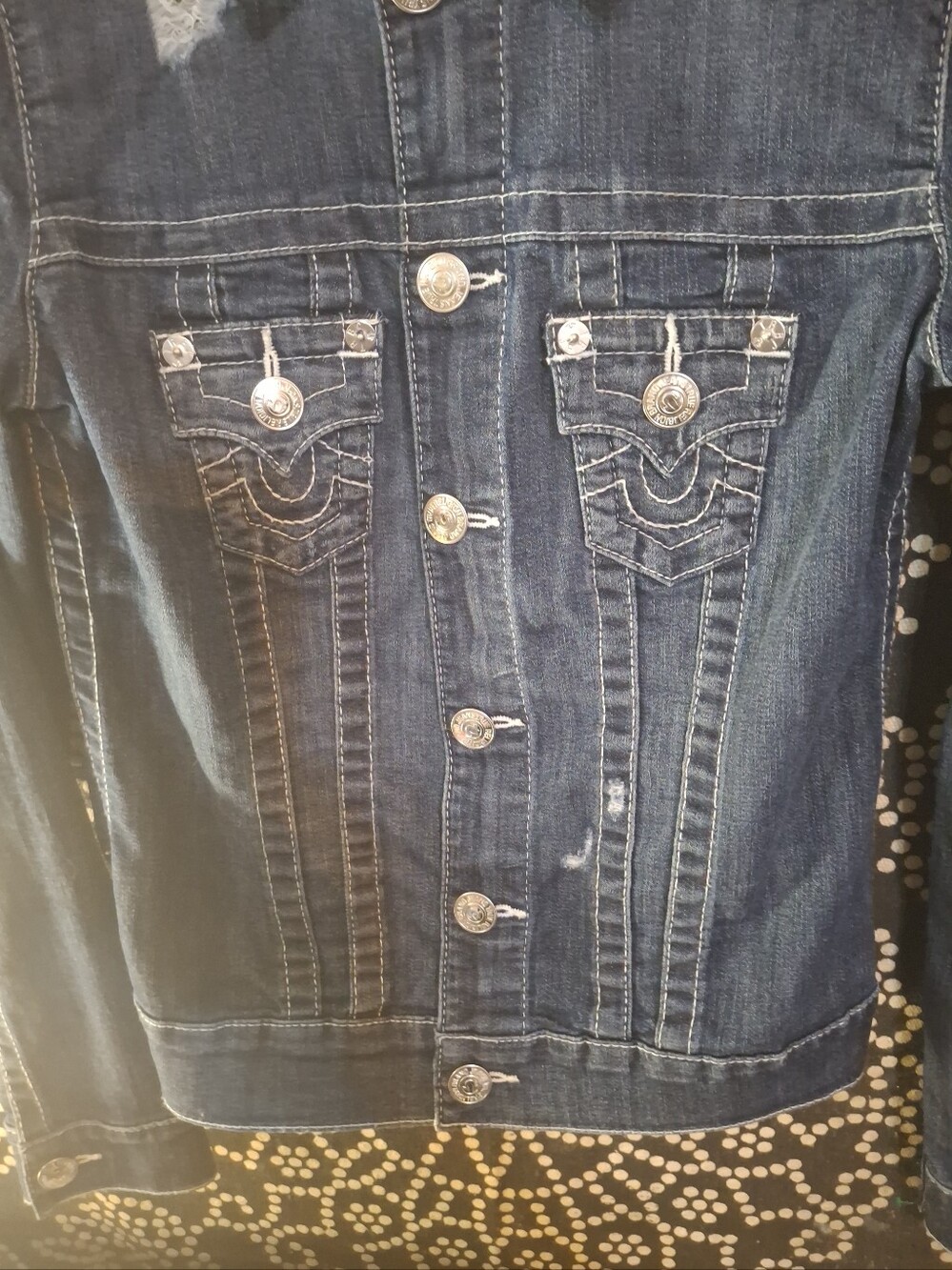 True Religion Dark Blue Women's Denim Jacket with Silver Buttons